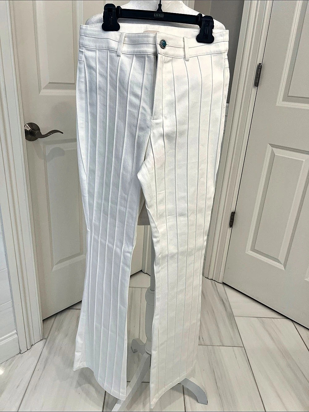 5t by cinq à sept Turquoise Embellished Alina Pinstriped Wide Leg Pants Size 4